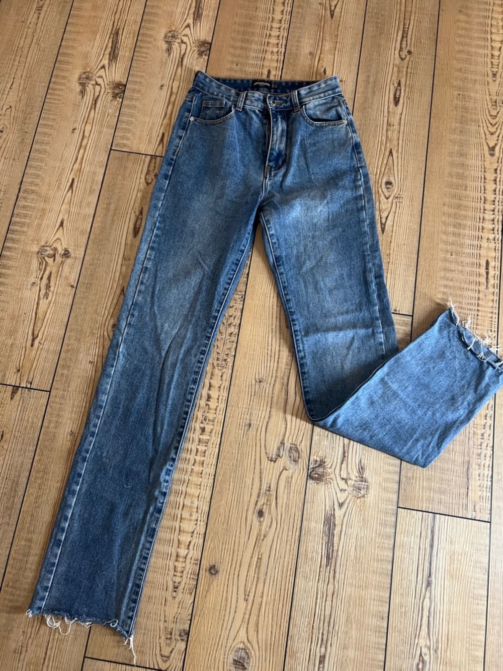 PrettyLittleThing tall girl friendly Mid Blue Straight Leg Jeans with Raw Hem